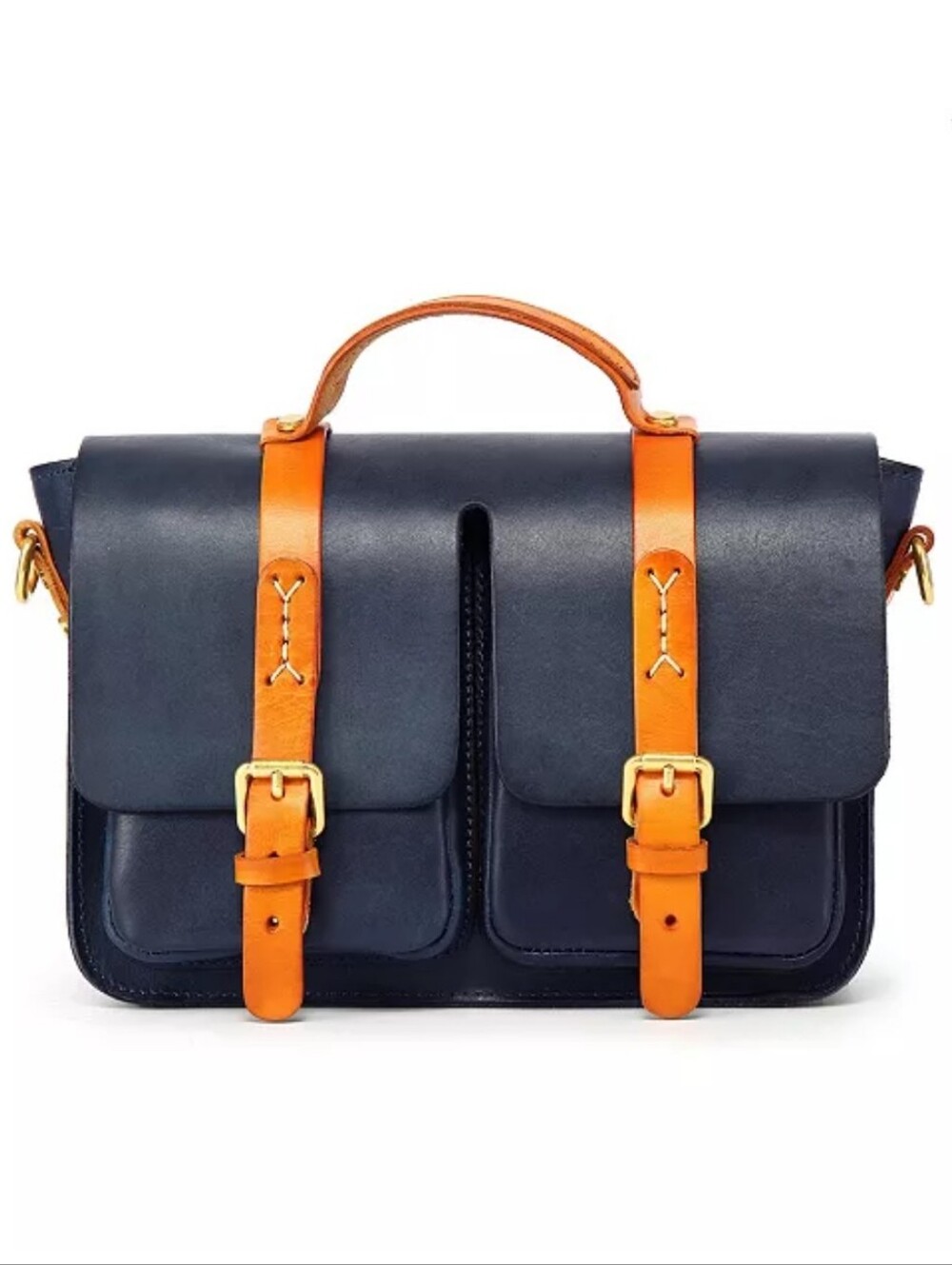 Navy Leather Messenger Bag with Tan Straps